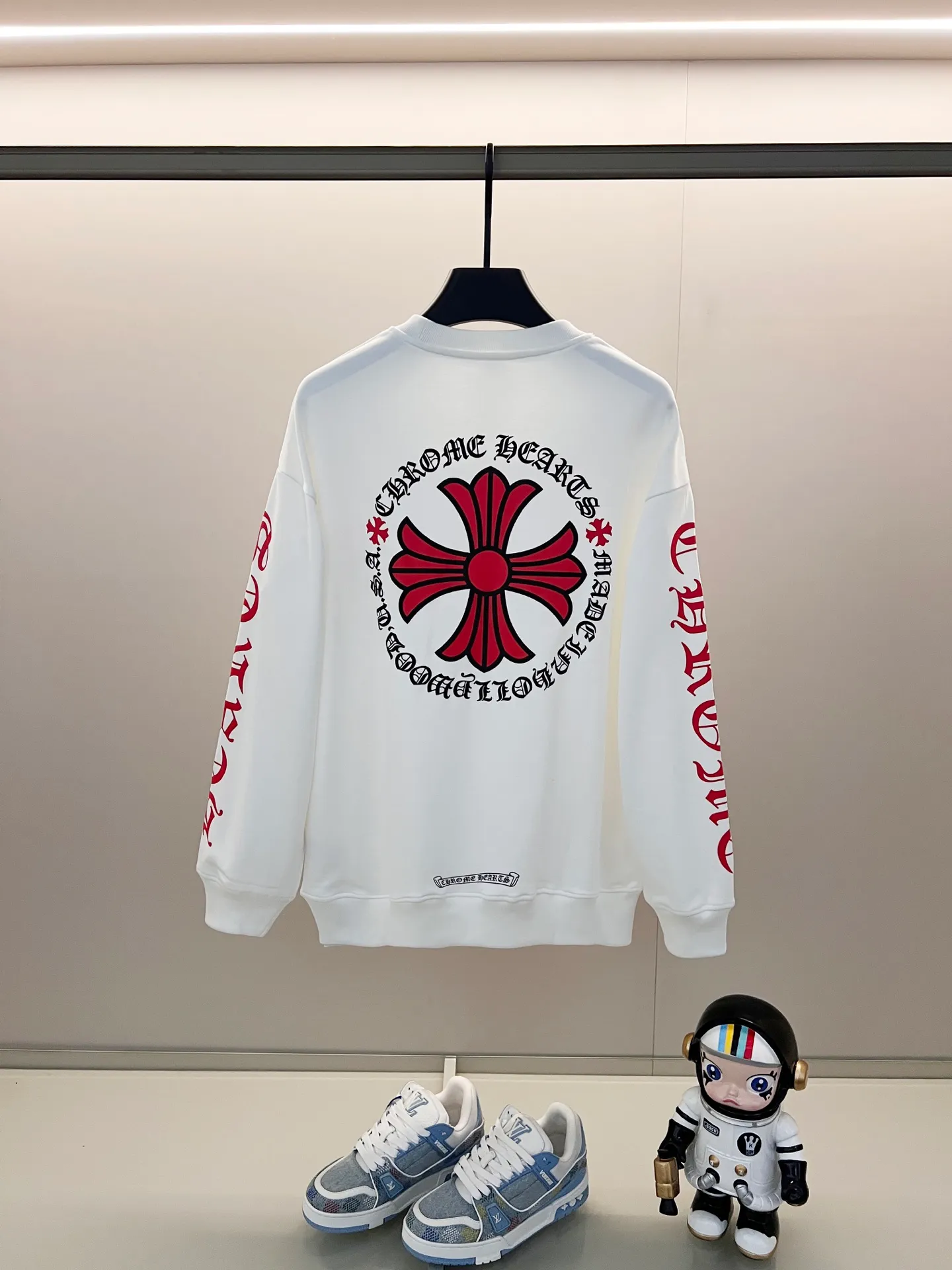 🅿️250 chrome hearts/Chrome Hearts 420g pure cotton round neck sweatshirt, front and back sleeves with cross Sanskrit letters large printed LOGO, official synchronization, 1:1 original mold opening, fashion personality, versatile trend, pure original quality, original washed fabric, tag, collar label, washed wheat, three complete labels, color: black, white. Size: XS-L